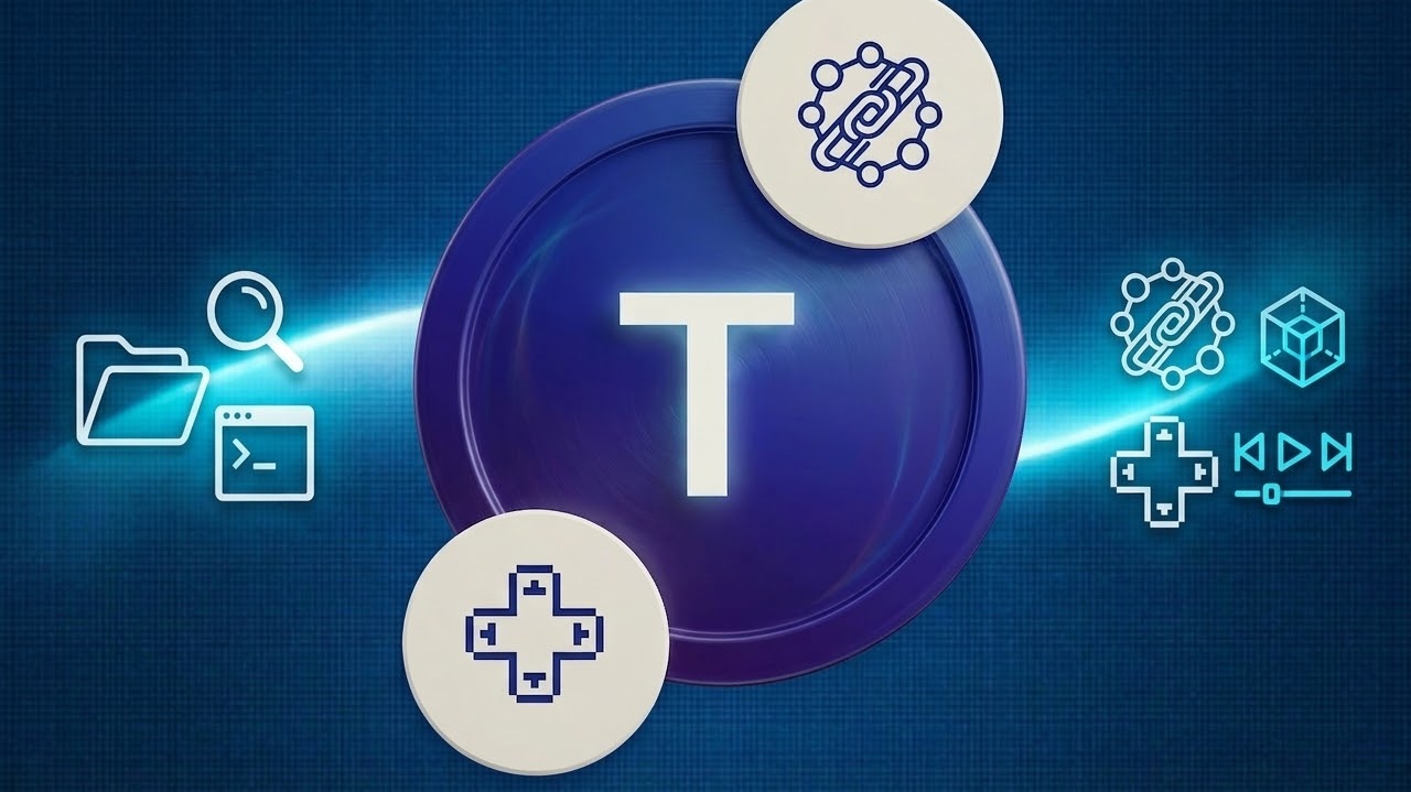 Arte original de TapatioApps: una T morada rodeada de iconos de herramientas y videojuegos